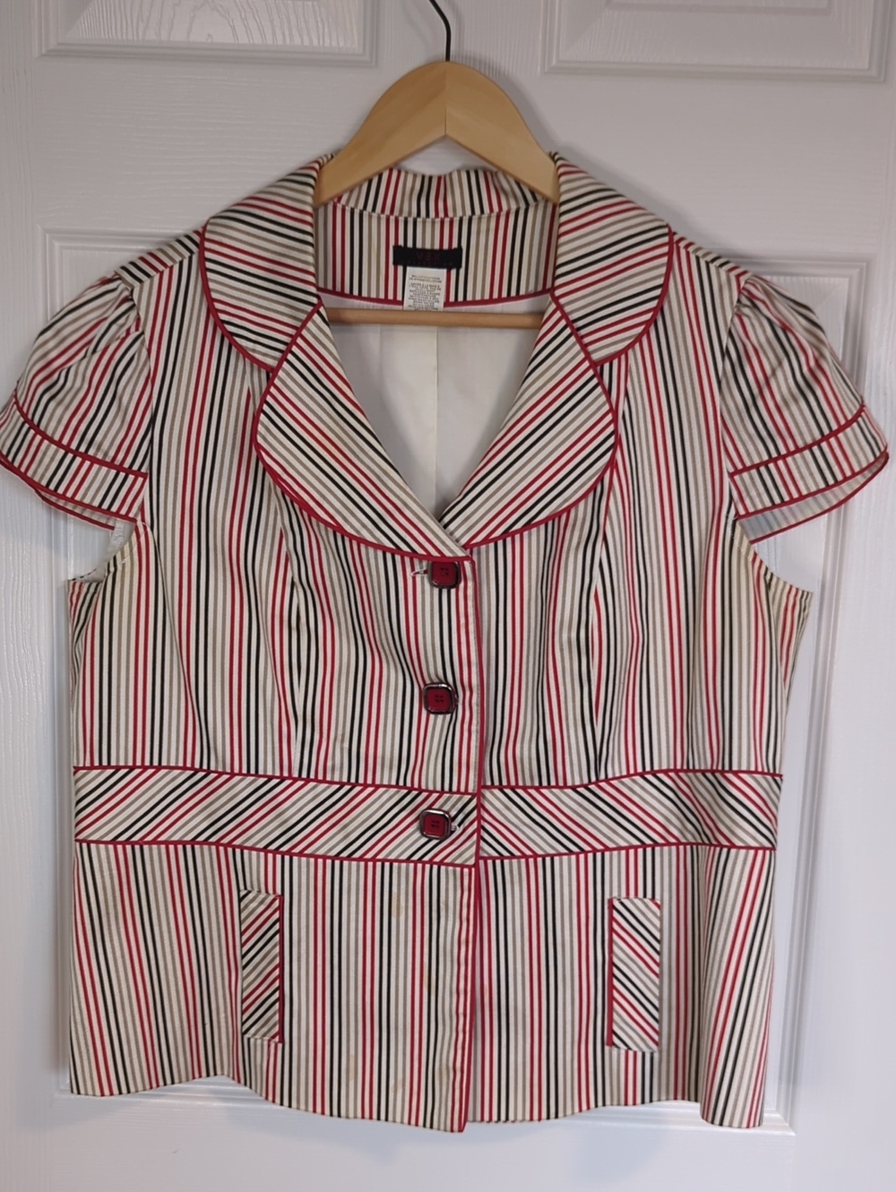 Striped Short Sleeve Blazer with Red Piping